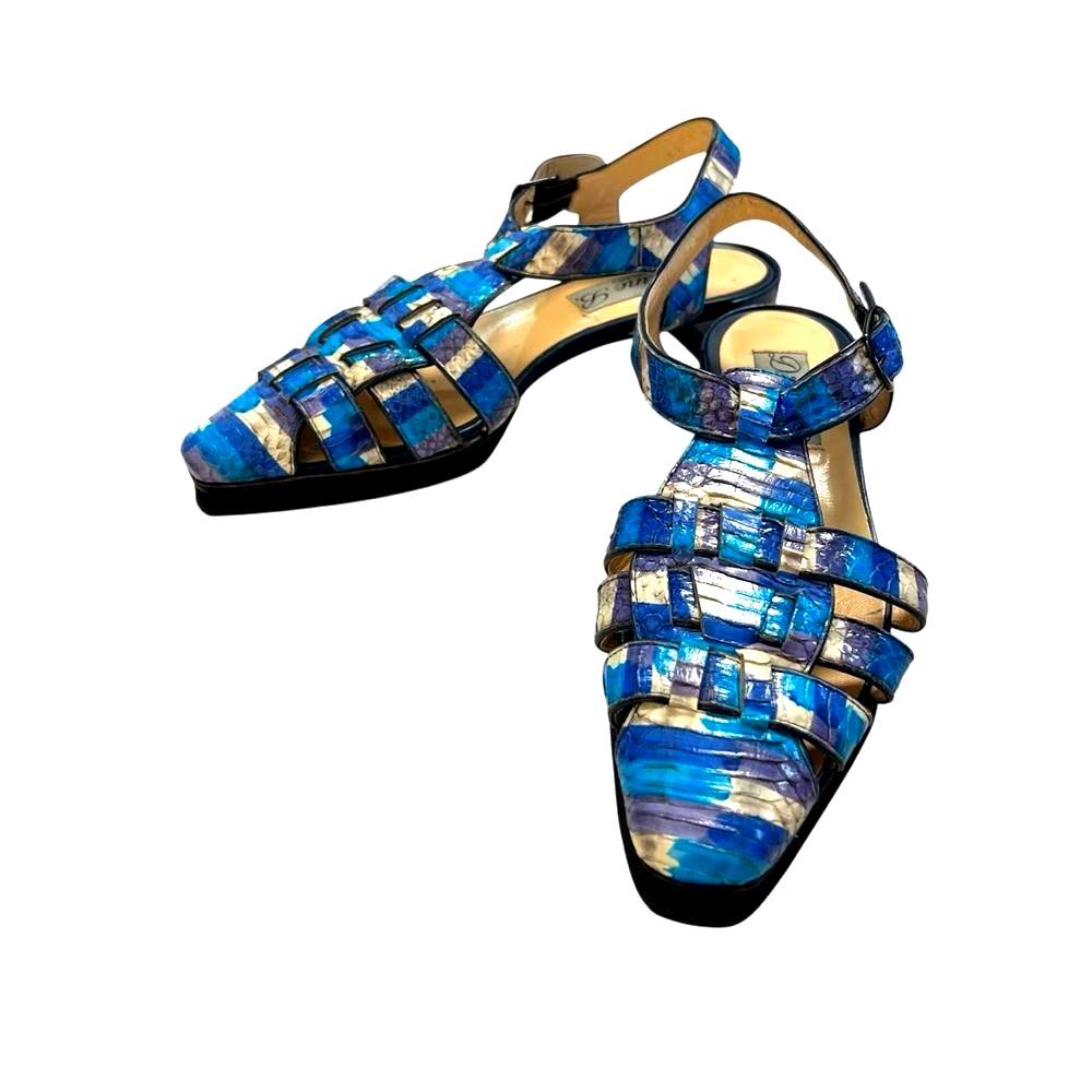Blue Multicolor Woven Slingback Flats with Ankle Strap